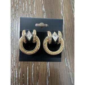 Vintage Genuine Swarovski Swan Large Crystal Black Enamel G T Pierced Earrings